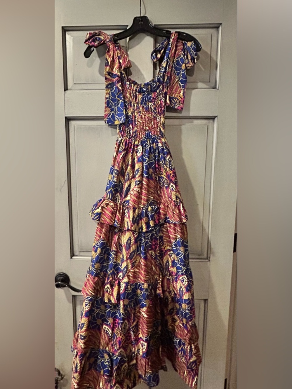 Floral Tiered Maxi Dress in Blue, Pink, Pale Yellow.